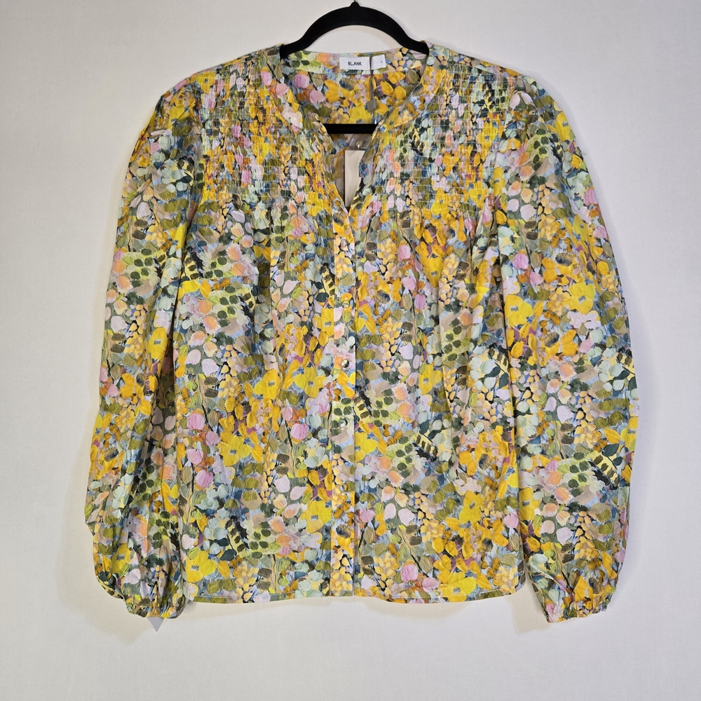 BLANK Women's Vibrant Yellow  Smocked, L/Sl Floral Button Up Blouse - NWT